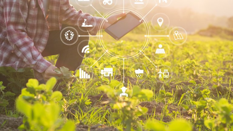 Farmer mit Tablet und Icons