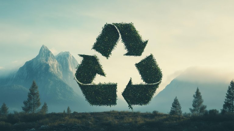 Grünes Recycling Zeichen (drei Pfeile im Dreieck) vor Berglandschaft